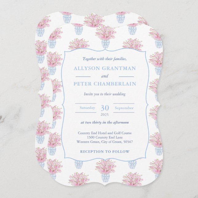 Blue White and Pink Chinese Pottery Wedding Invitation (Front/Back)