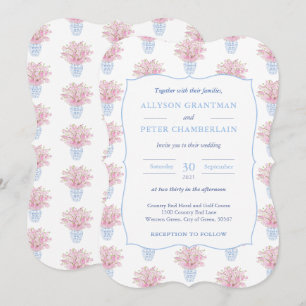 Blue White and Pink Chinese Pottery Wedding Invitation