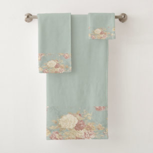 Blue White and Pink Floral Shabby Chic Bath Towel Set