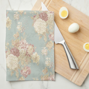 Blue White and Pink Floral Shabby Chic Flowers Tea Towel