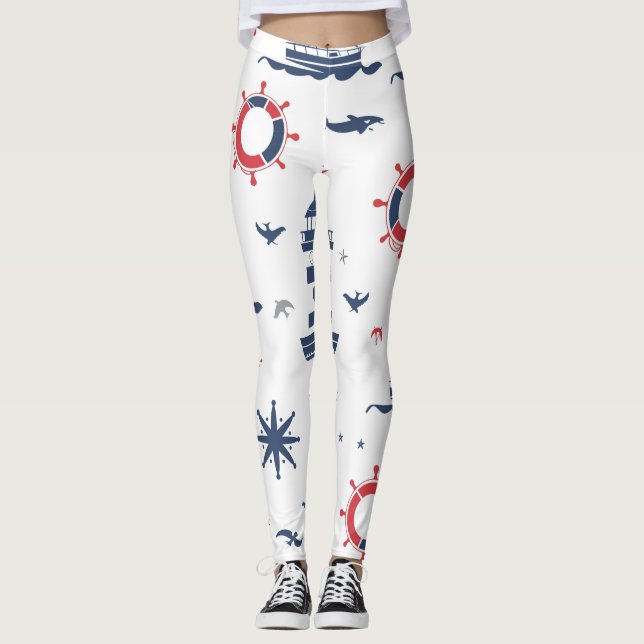 Blue, white and red nautical design leggings (Front)