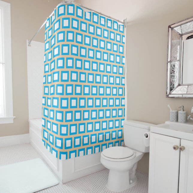 Blue white and Tan Beachy colours Shower Curtain (In Situ)