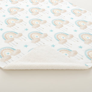Blue White and Tan Clouds and Rainbows Baby Boy   Sherpa Blanket