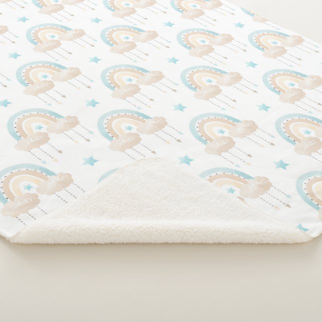 Blue White and Tan Clouds and Rainbows Baby Boy   Sherpa Blanket (3/4)