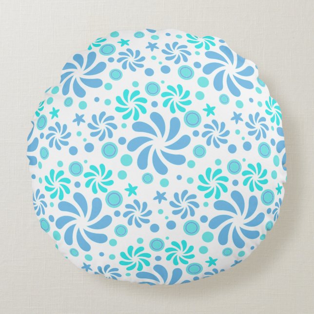blue, white and turquoise pattern round pillow (Front)