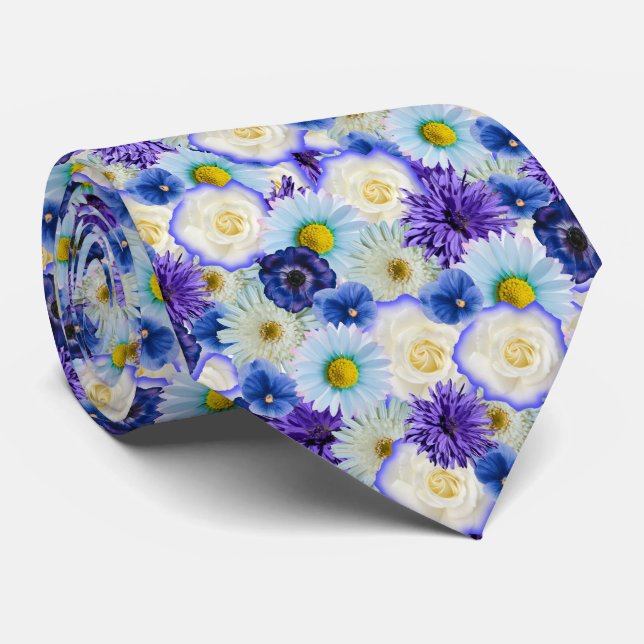 Blue White and Yellow Flowers Floral Collage Tie (Rolled)