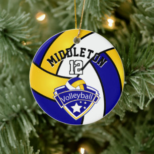 Blue, White and Yellow Sport Logo Volleyball Ceramic Tree Decoration