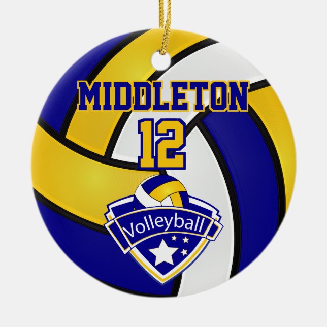Blue, White and Yellow Sport Volleyball Ceramic Tree Decoration (Front)