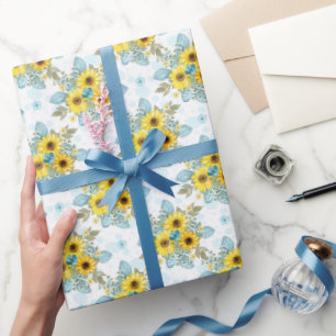 Blue, White and Yellow Sunflower Arrangement Wrapping Paper