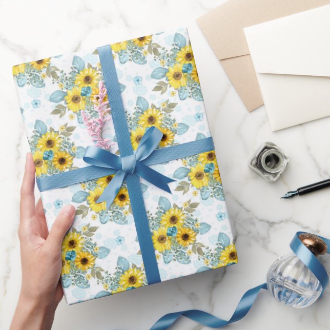 Blue, White and Yellow Sunflower Arrangement Wrapping Paper (Gifting)
