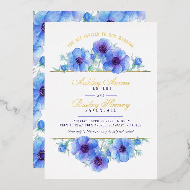 Blue white anemone floral watercolor wedding foil (Front/Back)