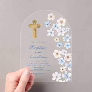 Blue White Anemones Arch Baptism Acrylic Invitations