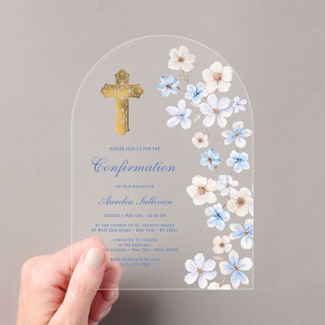 Blue White Anemones Arch Confirmation Acrylic Invitations (Insitu (Handheld))