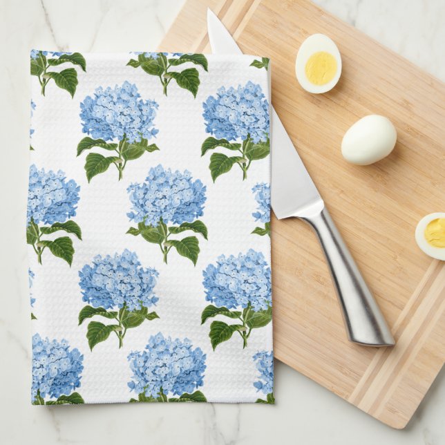 Blue White Antique Hydrangea Illustration Pattern Tea Towel (Quarter Fold)