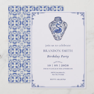Blue white antique vase art birthday  invitation