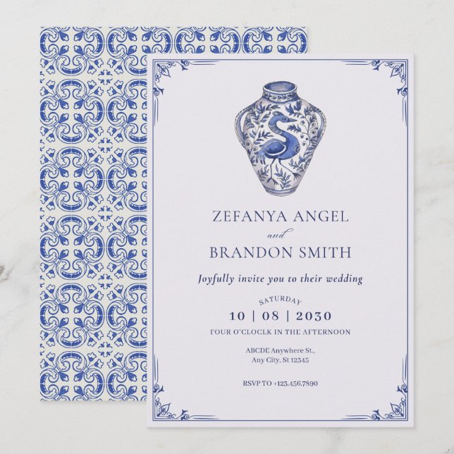 Blue white antique vase art wedding  invitation (Front/Back)