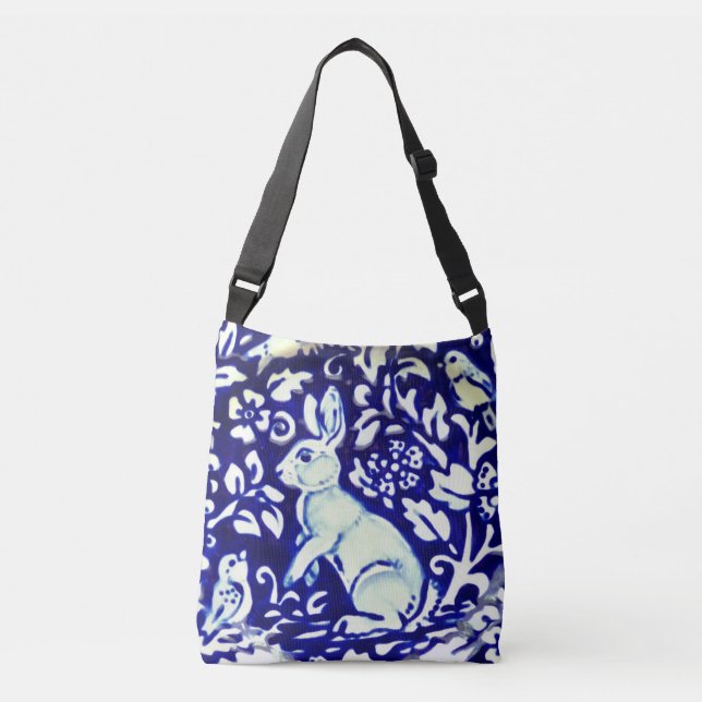Blue, White Aqua Rabbit Birds Leaves Shopping Tote (Front)
