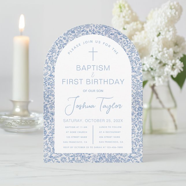 Blue White Arch Floral Boy Baptism First Birthday Invitation (Creator Uploaded)