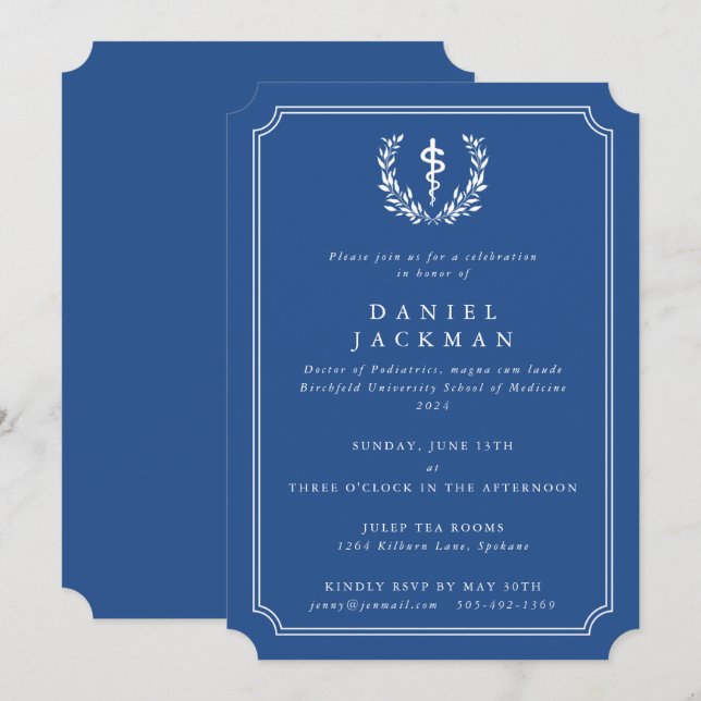 Blue/White Asclepius Medical School Graduation Invitation (Front/Back)