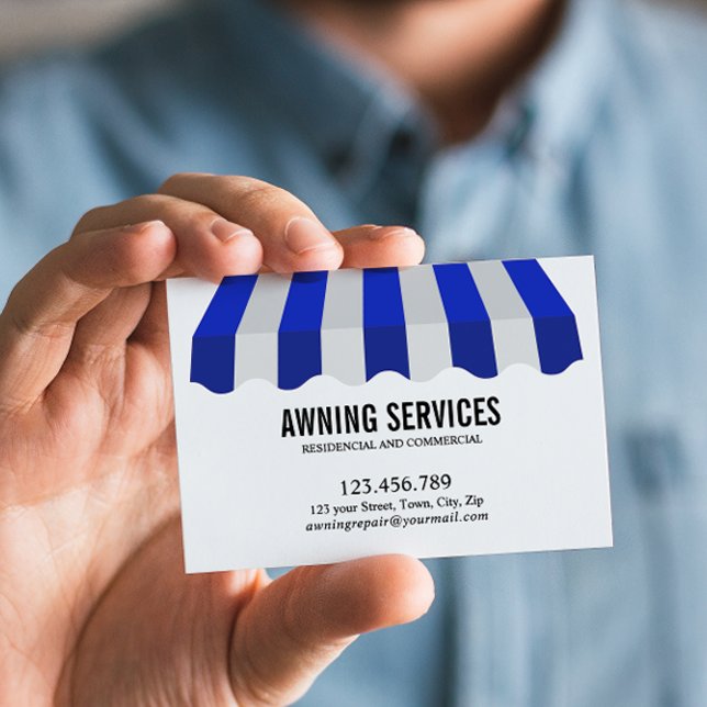 Blue White Awning Services Cleaning Professional Business Card (Blue and White business card for awning services with lines of custom text and list of services)