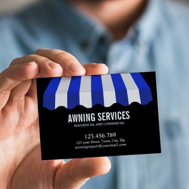 Blue White Awning Services Cleaning Professional Business Card (Eye-Catching Blue and White Striped Awning Business Card with full contact and list of services)