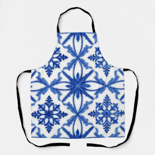 Blue White Azulejo Tile Floral Pattern Apron