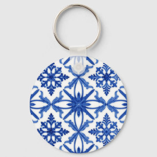 Blue White Azulejo Tile Floral Pattern Key Ring