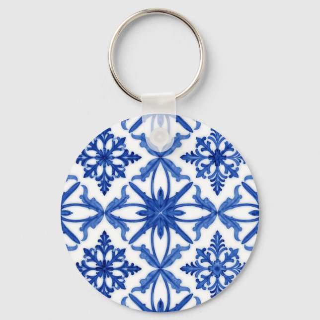 Blue White Azulejo Tile Floral Pattern Key Ring (Front)