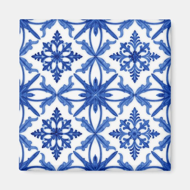 Blue White Azulejo Tile Floral Pattern Magnet (Front)