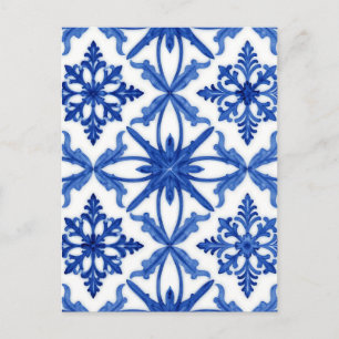 Blue White Azulejo Tile Floral Pattern Postcard