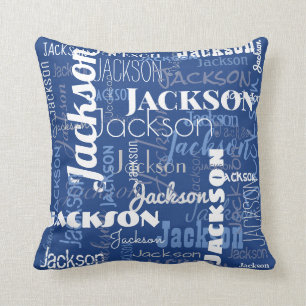 Blue White Baby Name Pattern Modern Typography Cushion