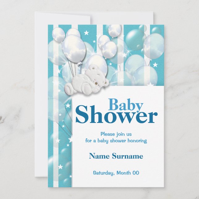 Blue white baby shower boys invitation (Front)