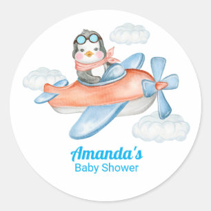 Blue White Baby Shower Penguin Pilot Classic Round Sticker