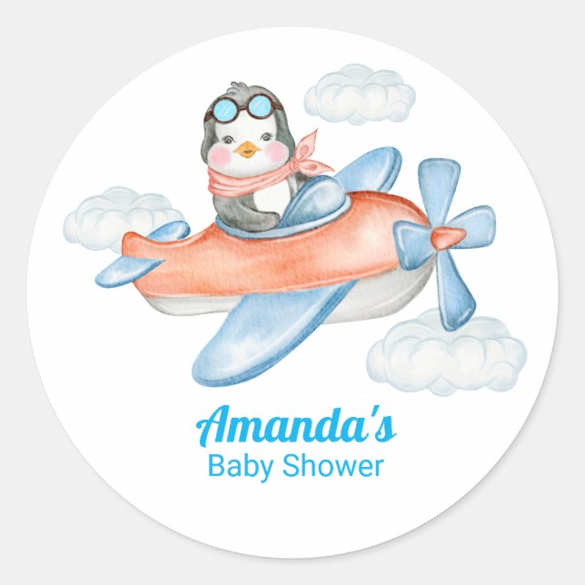 Blue White Baby Shower Penguin Pilot Classic Round Sticker (Front)