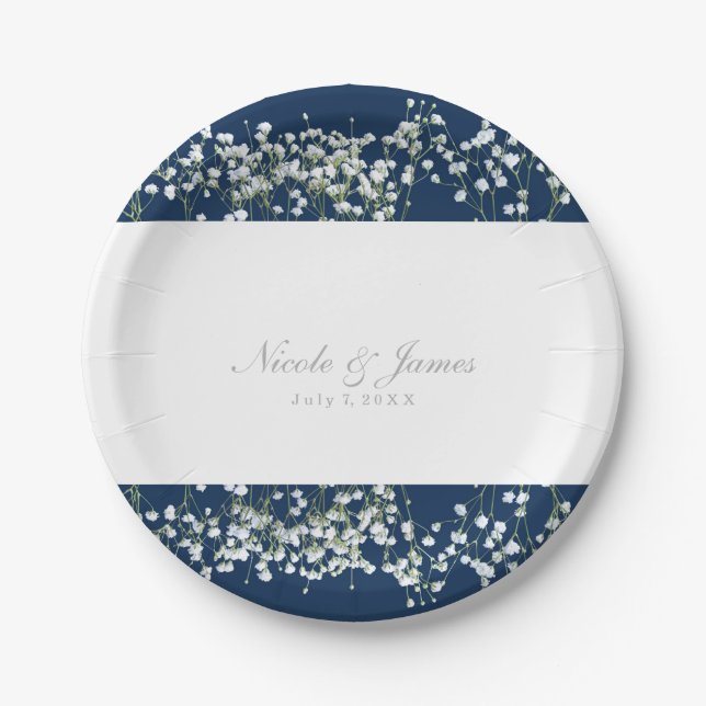 Blue & White Babys Breath Floral Wedding Plates (Front)
