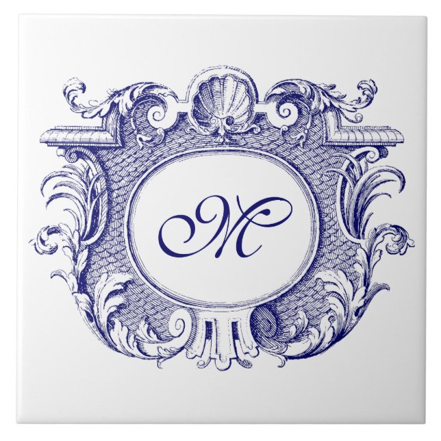 Blue & White Baroque Cartouche Shell Monogram Tile (Front)