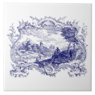 Blue & White Baroque Rococo Cartouche Castle Tile