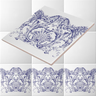 Blue & White Baroque Rococo Cartouche Frieze Tile