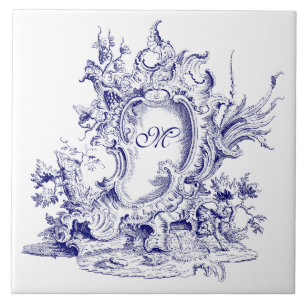 Blue & White Baroque Rococo Cartouche Monogram Tile