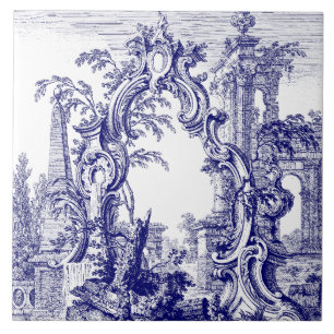Blue & White Baroque Rococo Cartouche Ruins Tile