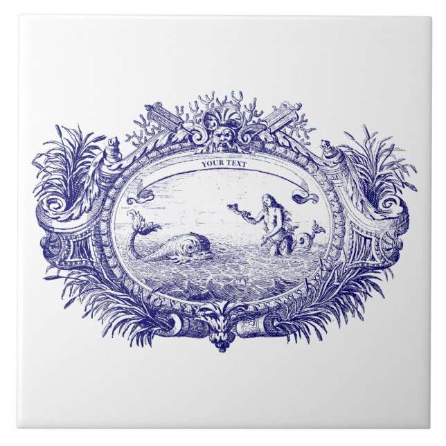 Blue & White Baroque Rococo Mermaid Fish Cartouche Tile (Front)
