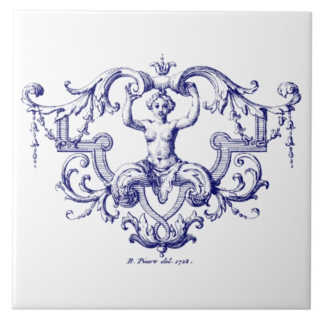 Blue & White Baroque Rococo Mermaid Tile (Front)