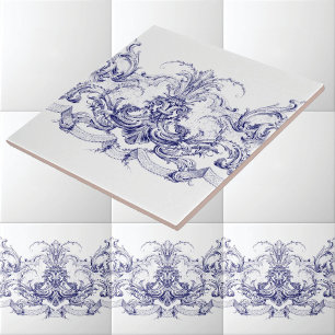 Blue & White Baroque Rococo Rocaille Frieze Tile