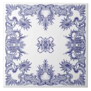 Blue & White Baroque Rococo Rocaille Pattern Tile