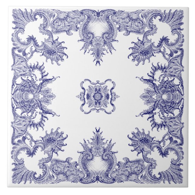 Blue & White Baroque Rococo Rocaille Pattern Tile (Front)