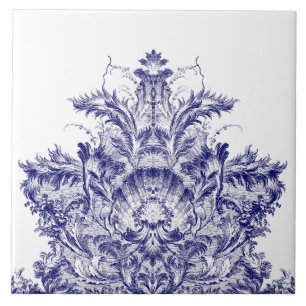 Blue & White Baroque Rococo Rocaille Shell  Frieze Tile