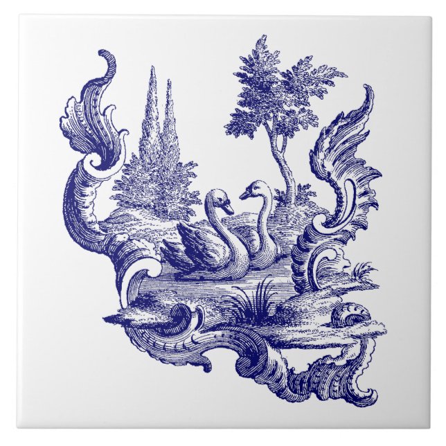 Blue & White Baroque Rococo Rocaille Swan Pair Tile (Front)
