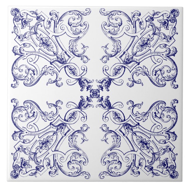 Blue & White Baroque Rococo Seashells Pattern Tile (Front)