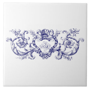 Blue & White Baroque Rococo Shell Cartouche Frieze Tile
