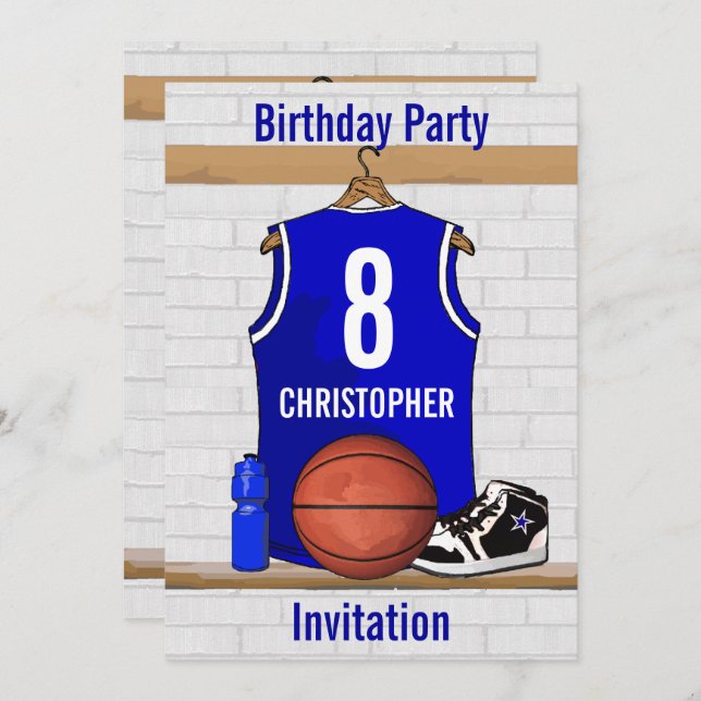 Blue White Basketball Jersey Birthday Party Invitation (Front/Back)